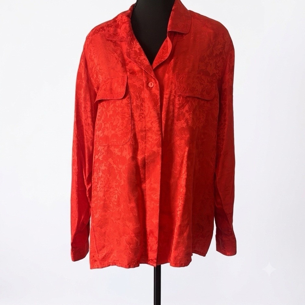 Vintage Alexon Silk Blouse Shirt Sz Large Orange Romantic Floral‎ 90s Old Money